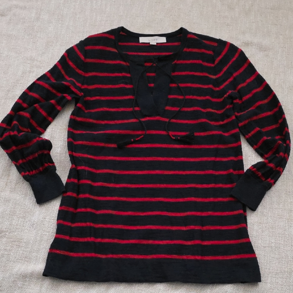 LOFT Navy and Red Striped V-Neck Sweater